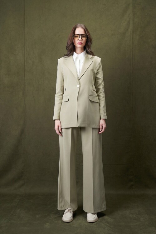 Çağla Yeşili Blazer Ceket Palazzo Takım