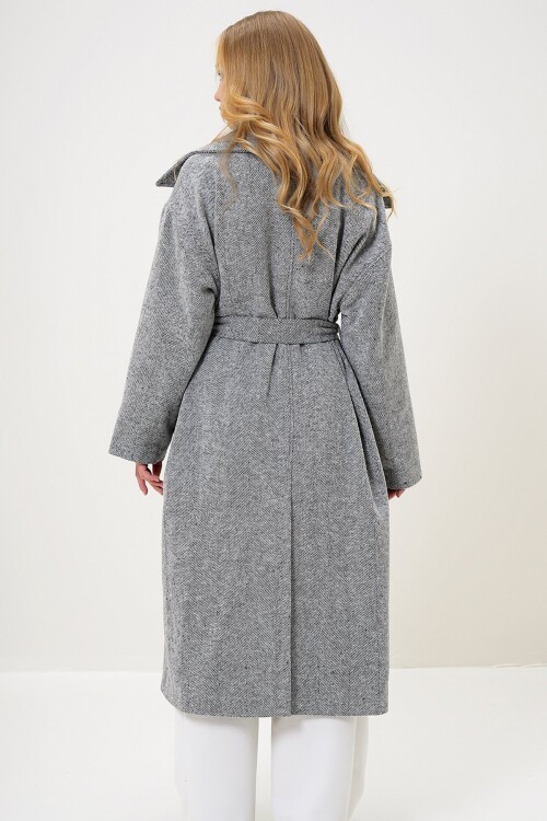 Ceket Yaka Torba Cepli İçi Astarlı Kuşak Bağlamalı Kaşe Kaban