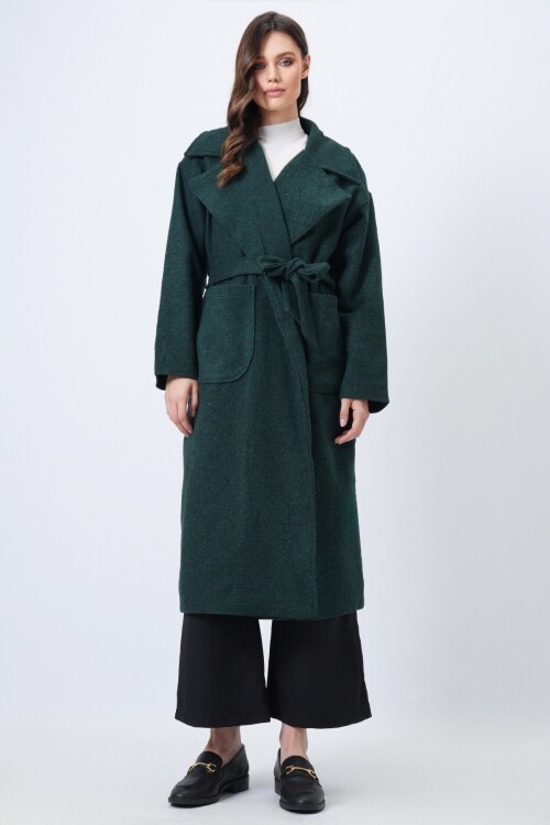 Ceket Yaka Torba Cepli İçi Astarlı Kuşak Bağlamalı Kaşe Kaban