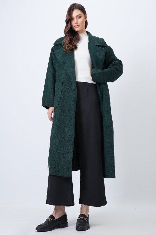 Ceket Yaka Torba Cepli İçi Astarlı Kuşak Bağlamalı Kaşe Kaban