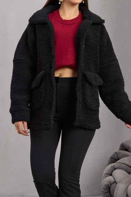 Çift Cepli Düğme Kapamalı Peluş Ceket