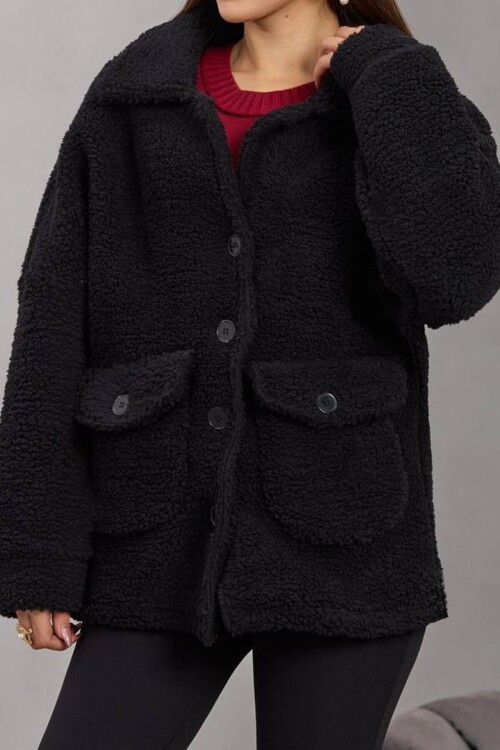 Çift Cepli Düğme Kapamalı Peluş Ceket