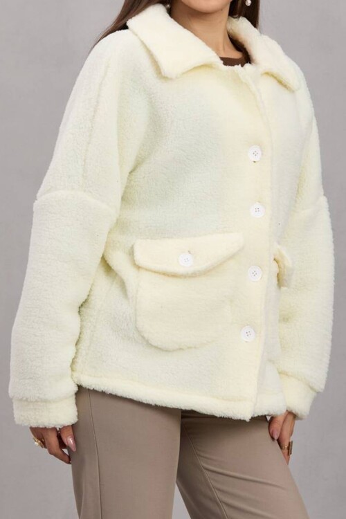 Çift Cepli Düğme Kapamalı Peluş Ceket