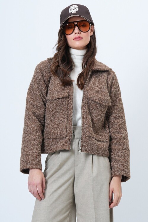 Çift Cepli Fermuar Kapamalı Buklet Ceket