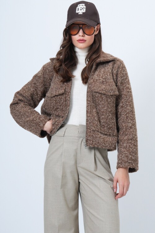 Çift Cepli Fermuar Kapamalı Buklet Ceket