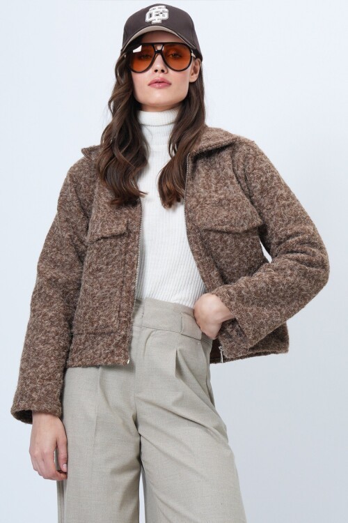 Çift Cepli Fermuar Kapamalı Buklet Ceket