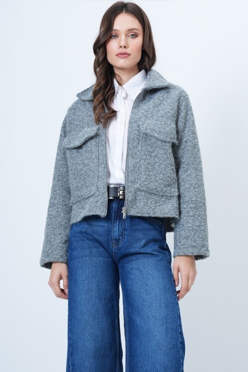 Çift Cepli Fermuar Kapamalı Buklet Ceket