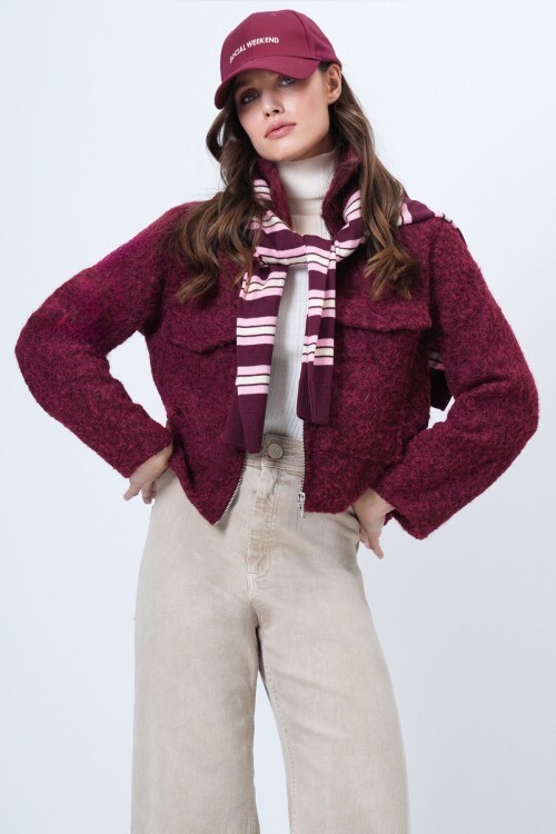 Çift Cepli Fermuar Kapamalı Buklet Ceket