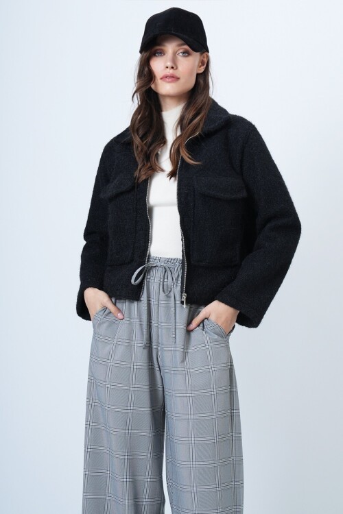 Çift Cepli Fermuar Kapamalı Buklet Ceket