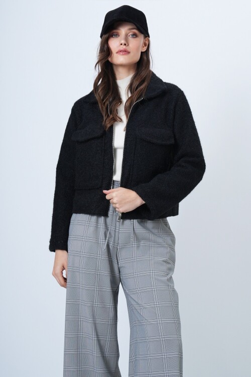 Çift Cepli Fermuar Kapamalı Buklet Ceket