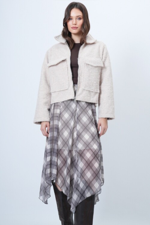 Çift Cepli Fermuar Kapamalı Buklet Ceket