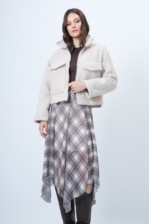 Çift Cepli Fermuar Kapamalı Buklet Ceket