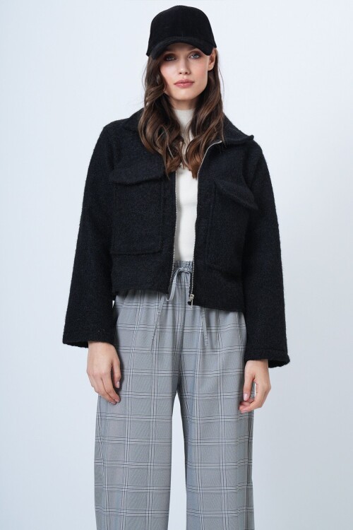 Çift Cepli Fermuar Kapamalı Buklet Ceket