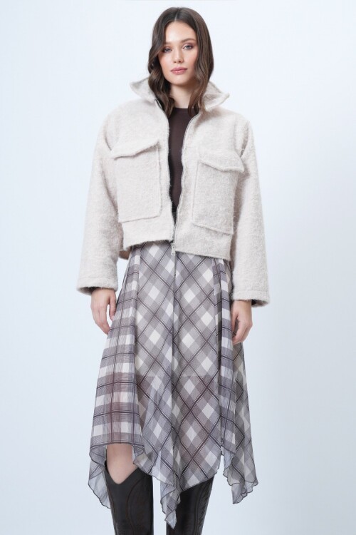 Çift Cepli Fermuar Kapamalı Buklet Ceket