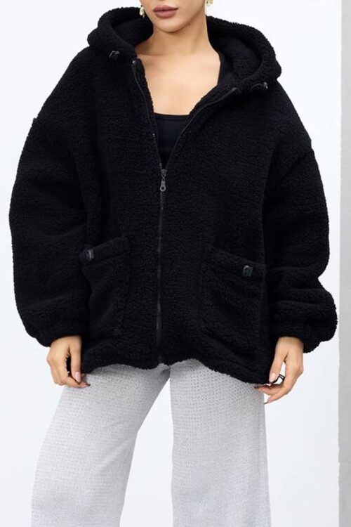 Çift Cepli Fermuar Kapamalı Kapüşonlu Peluş Ceket