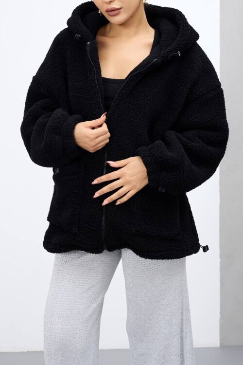 Çift Cepli Fermuar Kapamalı Kapüşonlu Peluş Ceket