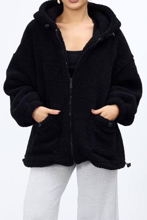 Çift Cepli Fermuar Kapamalı Kapüşonlu Peluş Ceket