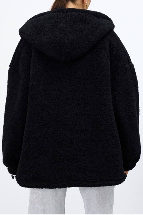 Çift Cepli Fermuar Kapamalı Kapüşonlu Peluş Ceket