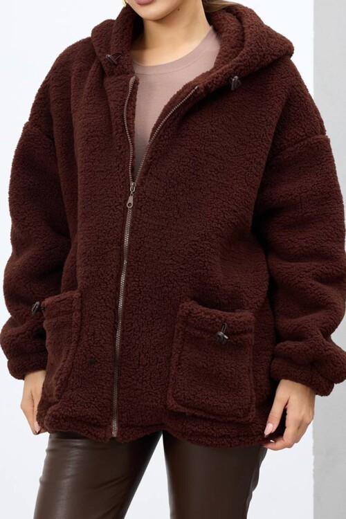 Çift Cepli Fermuar Kapamalı Kapüşonlu Peluş Ceket