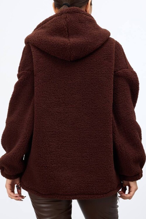 Çift Cepli Fermuar Kapamalı Kapüşonlu Peluş Ceket