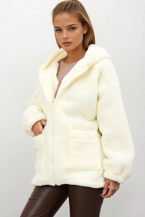 Çift Cepli Fermuar Kapamalı Kapüşonlu Peluş Ceket