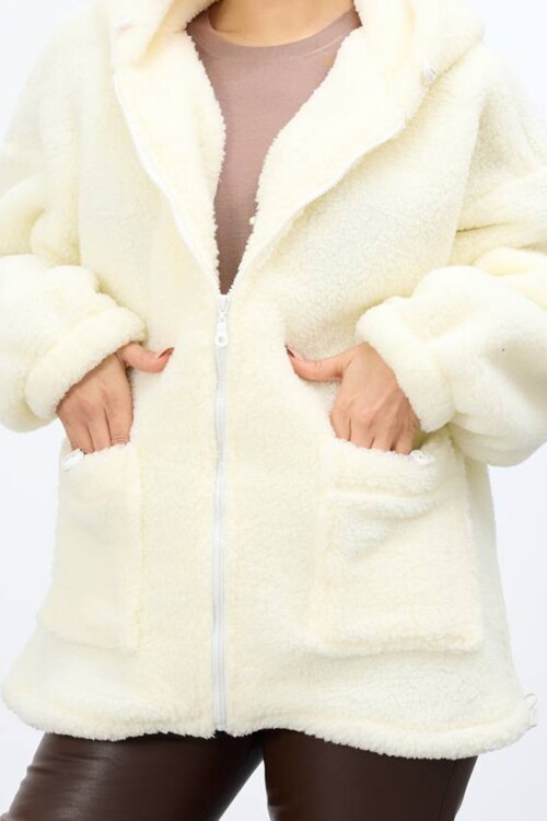 Çift Cepli Fermuar Kapamalı Kapüşonlu Peluş Ceket