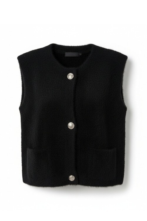 Çift Cepli Gold Düğmeli Yumoş Yelek