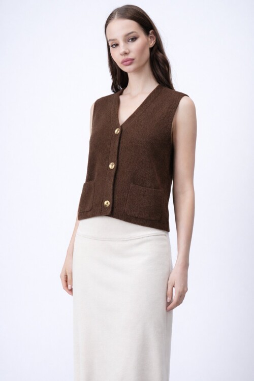 Çift Cepli Gold Düğmeli Yumoş Yelek