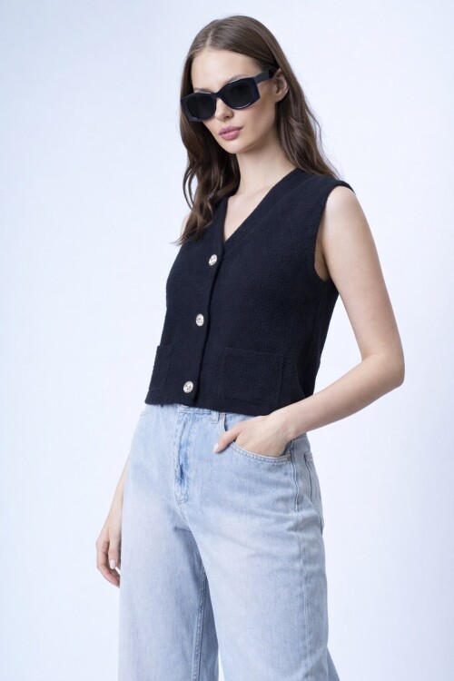 Çift Cepli Gold Düğmeli Yumoş Yelek