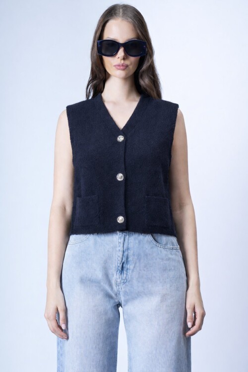 Çift Cepli Gold Düğmeli Yumoş Yelek