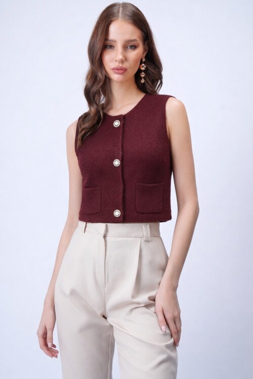 Çift Cepli Gold Düğmeli Yumoş Yelek