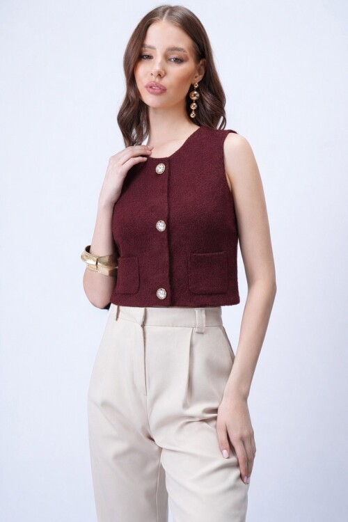 Çift Cepli Gold Düğmeli Yumoş Yelek