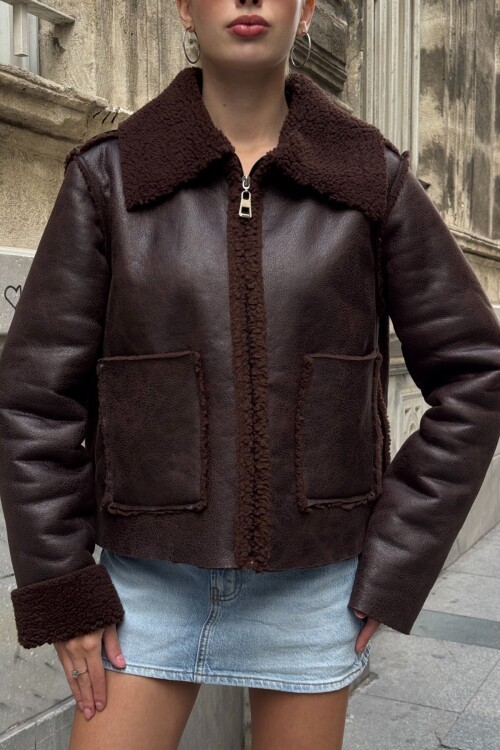 Çift Cepli İçi Suni Kürklü Suni Deri Biker Ceket