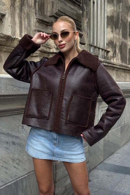 Çift Cepli İçi Suni Kürklü Suni Deri Biker Ceket