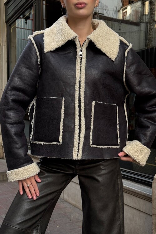 Çift Cepli İçi Suni Kürklü Suni Deri Biker Ceket
