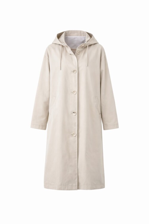 Çift Cepli Kapüşonlu Beli Bağlamalı Düğme Kapamalı Astarlı Trençkot