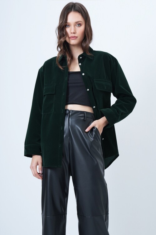 Çift Cepli Oversize Kadife Gömlek