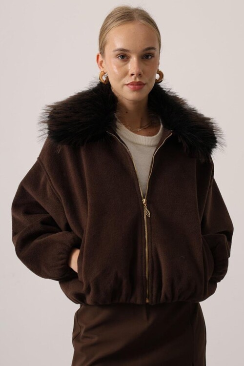 Çıkarılabilir Kürklü Yaka Fermuar Kapamalı Bomber Kaşe Ceket