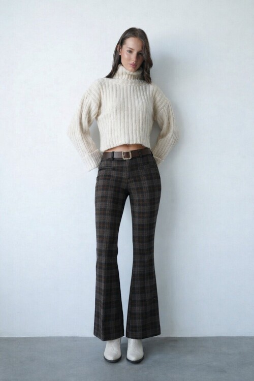 Kemerli Ekoseli İspanyol Paça Pantolon