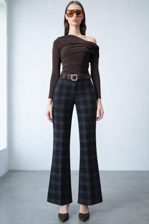 Kemerli Ekoseli İspanyol Paça Pantolon