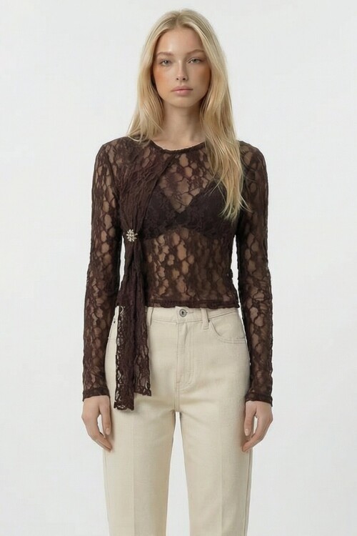 Dantel Detaylı Transparan Bluz