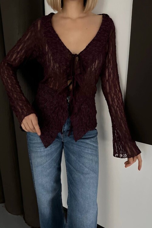 Dantel Dokulu Bağlama Detaylı V Yaka Bluz