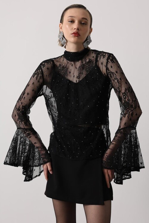 Dantelli Volan Kol Transparan Atletli Bluz