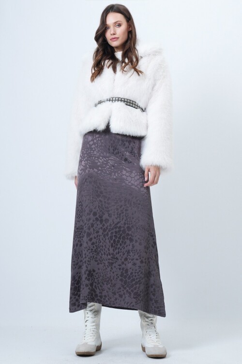 Desenli Fermıar Kapamalı Midi Boy Etek