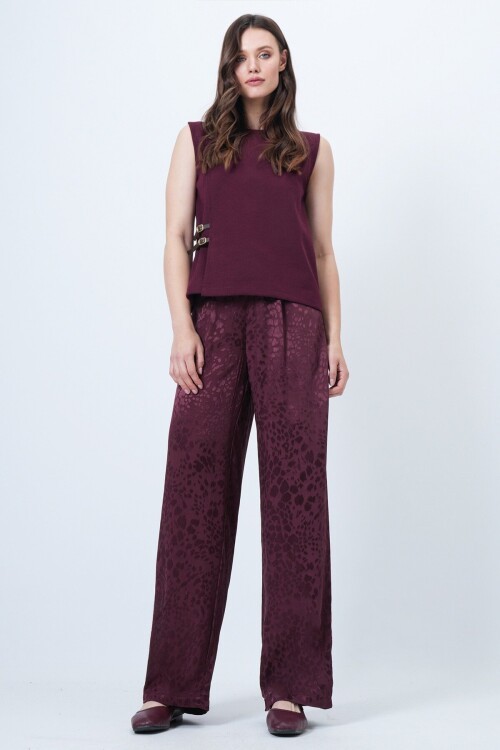 Desenli Fermuar Kapamalı Çift Cepli Palazzo Pantolon