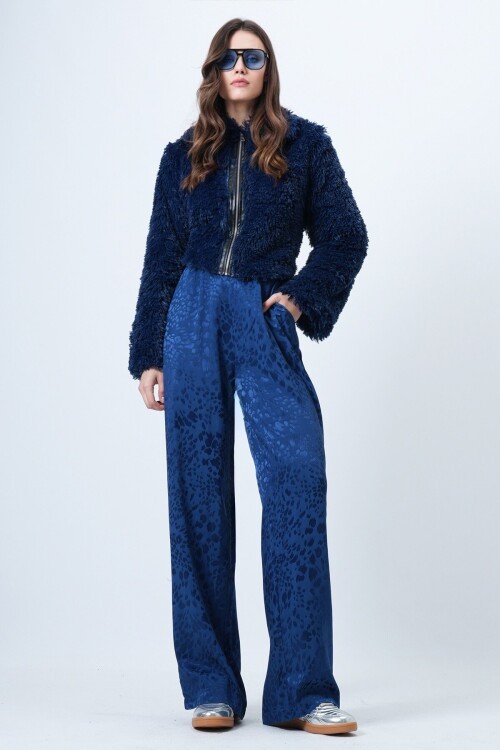 Desenli Fermuar Kapamalı Çift Cepli Palazzo Pantolon