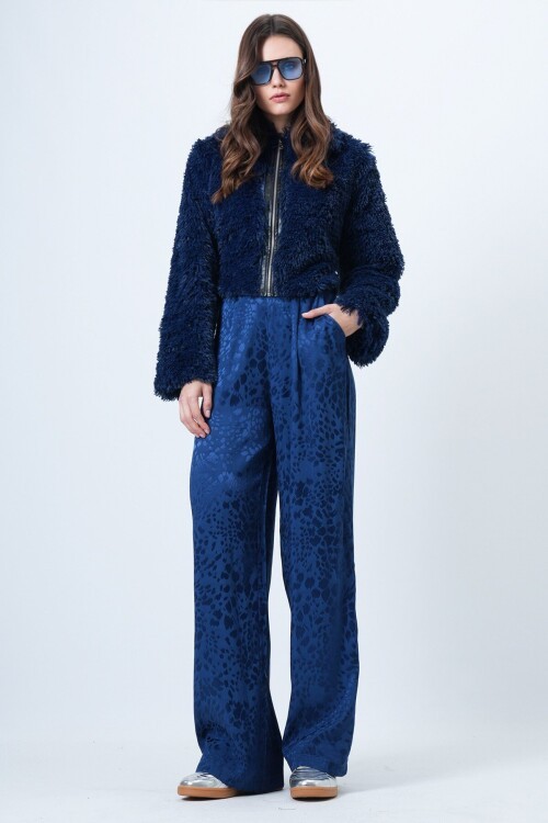 Desenli Fermuar Kapamalı Çift Cepli Palazzo Pantolon