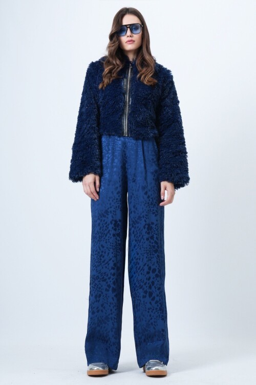 Desenli Fermuar Kapamalı Çift Cepli Palazzo Pantolon