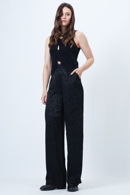 Desenli Fermuar Kapamalı Çift Cepli Palazzo Pantolon