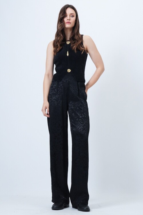 Desenli Fermuar Kapamalı Çift Cepli Palazzo Pantolon